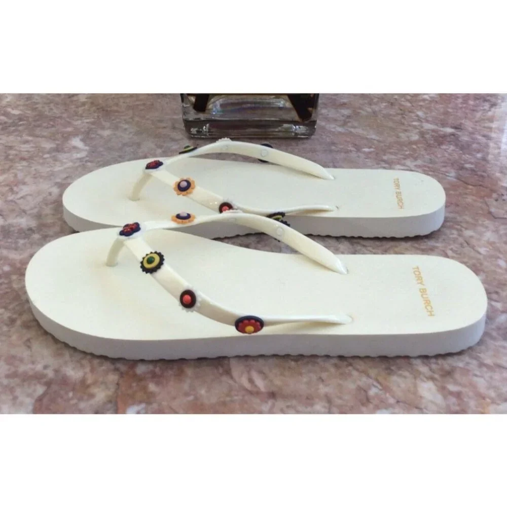 New Tory Burch Ivory White Jelly Multicolor Studded Thong Sandals Size 10M, $178